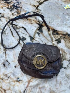 Michael Kors Dark Brown Pebbled Leather Crossbody with Gold MK Logo
